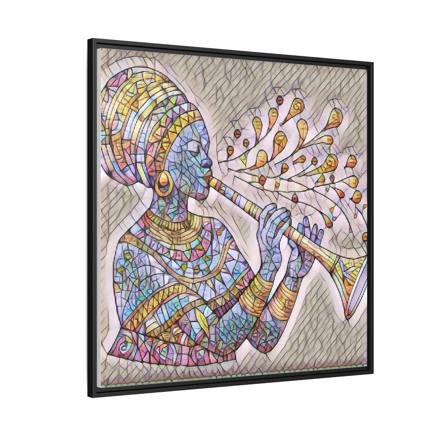 Framed Matte Canvas Art – Colorful African Musician Trumpet Print