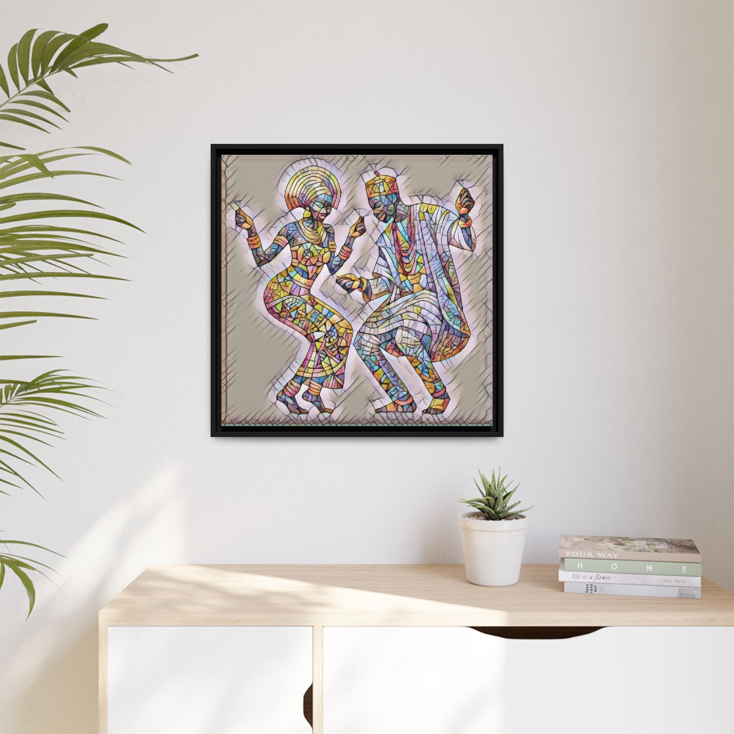 Afrobeat Dancers Framed Canvas Art — Colorful Mosaic African Dance Print