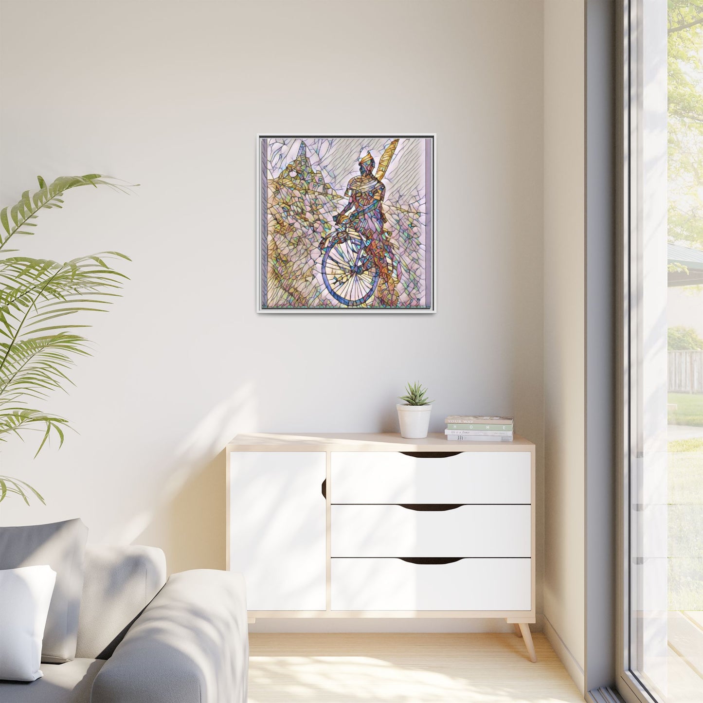 Cyclist Stained Glass Art Print — Framed Matte Canvas