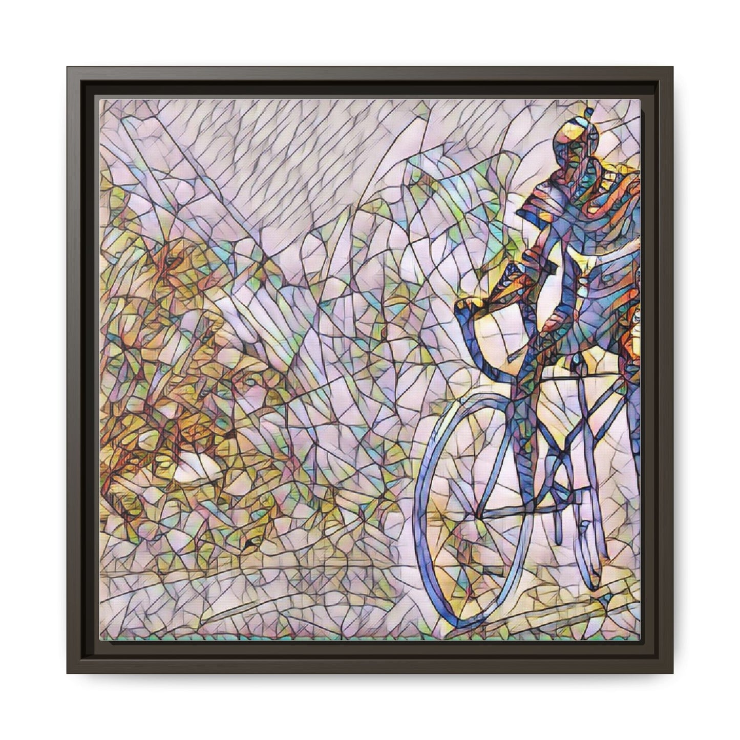 Colorful Cyclist Stained-Glass Art — Framed Matte Canvas