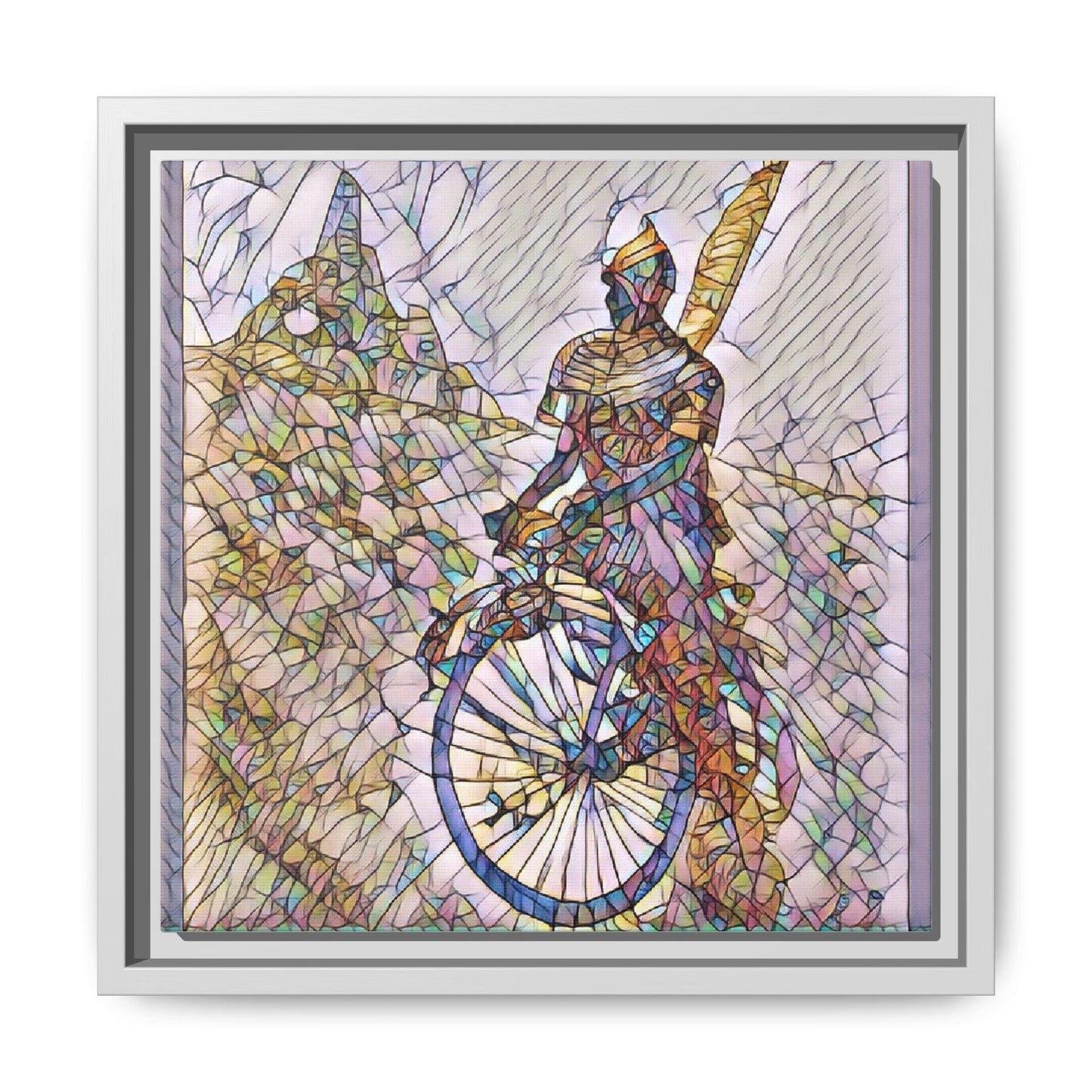 Cyclist Stained Glass Art Print — Framed Matte Canvas