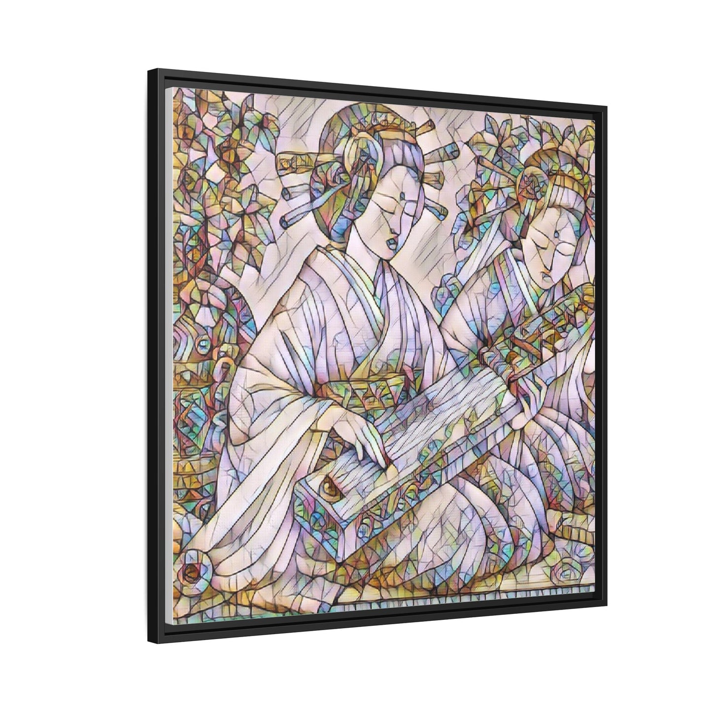 Framed Matte Canvas Print — Stained-Glass Geisha Duo