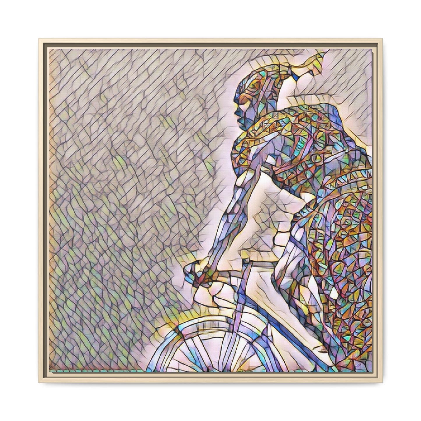 Cyclist Mosaic Matte Canvas Print — Framed Multicolor Bike Art