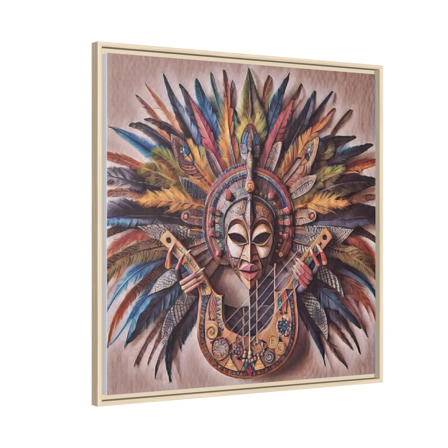 Tribal Feather Mask Guitar Framed Canvas Art — Colorful Boho Wall Decor
