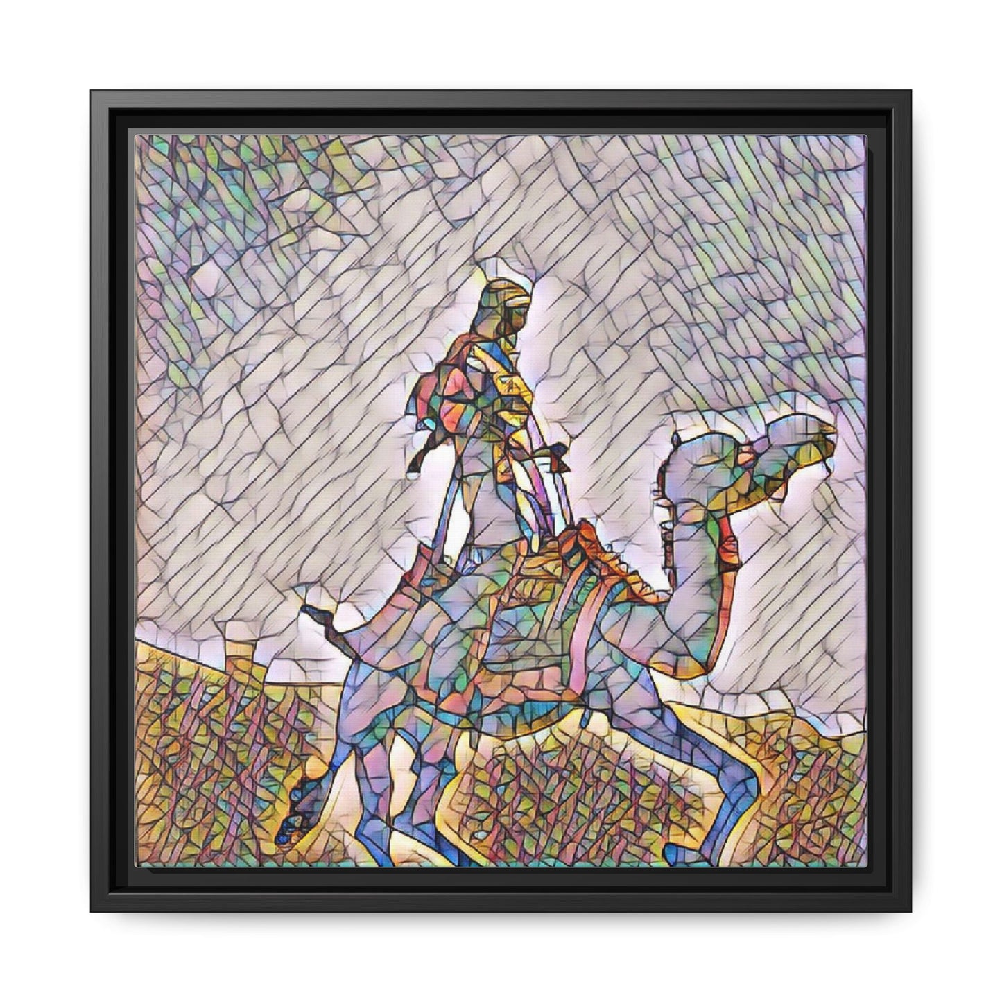 Framed Camel Rider Matte Canvas Art — Colorful Mosaic Desert Wall Decor
