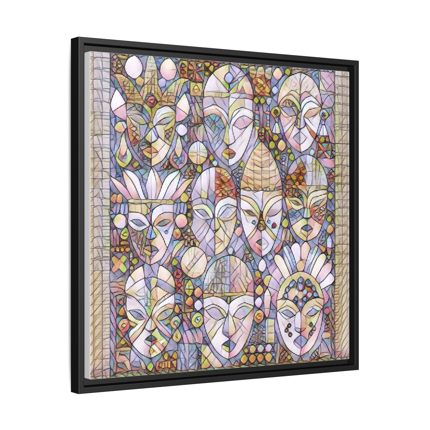 Framed Abstract Mask Art Canvas — Multicolor Stained-Glass Faces Wall Decor