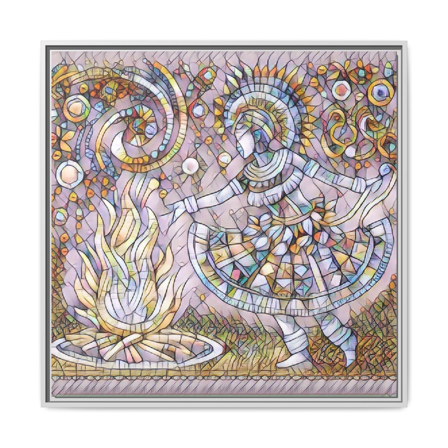 Bohemian Fire Dancer Framed Canvas Art — Colorful Folk Mosaic Wall Decor