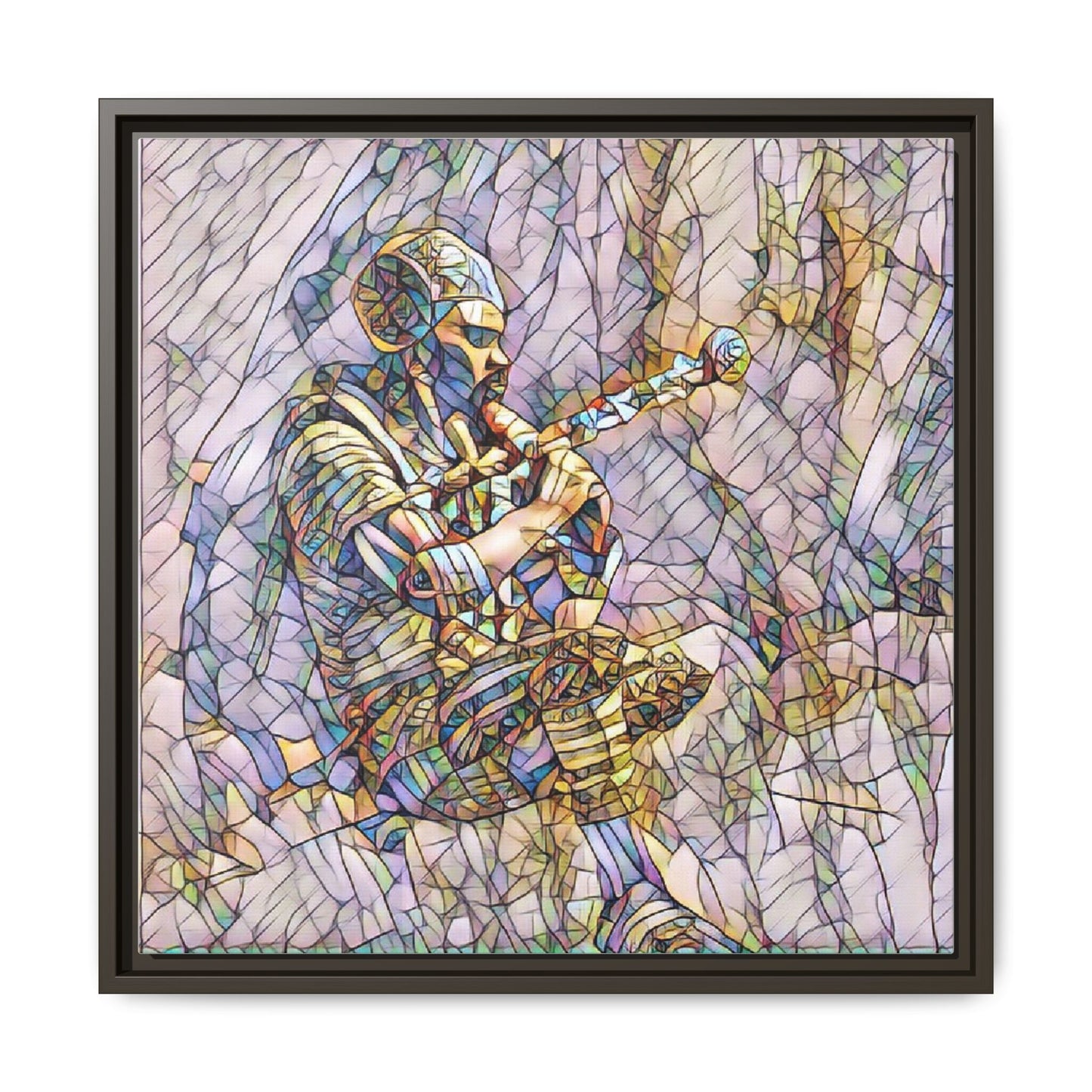 Celtic Piper Framed Matte Canvas — Stained-Glass Style Highland Bagpiper Art