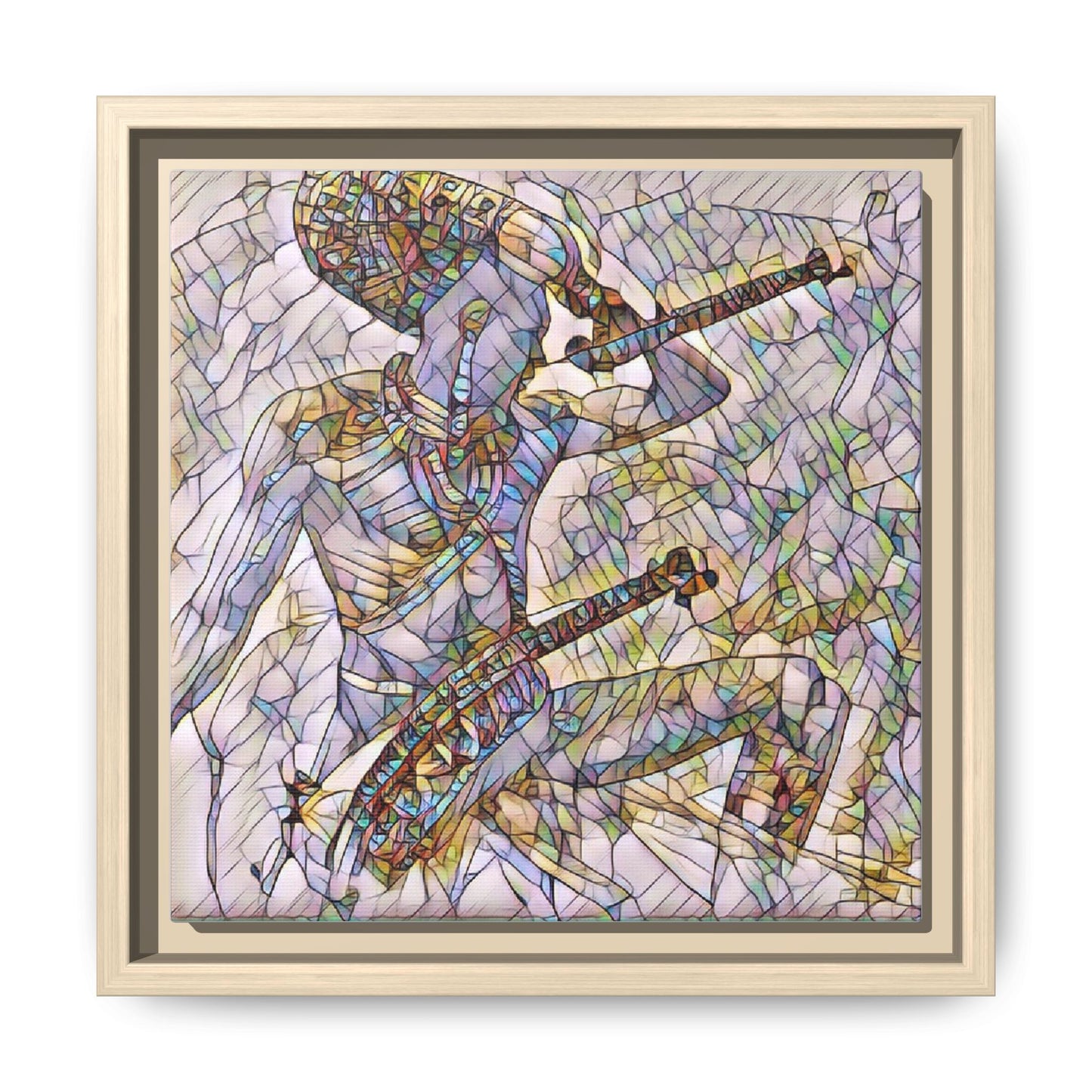 Stained Glass Blue Musician — Framed Matte Canvas Art