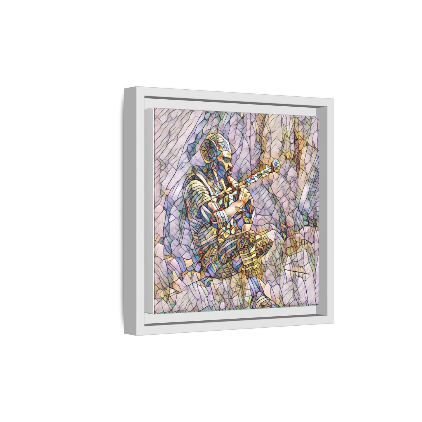 Celtic Piper Framed Matte Canvas — Stained-Glass Style Highland Bagpiper Art