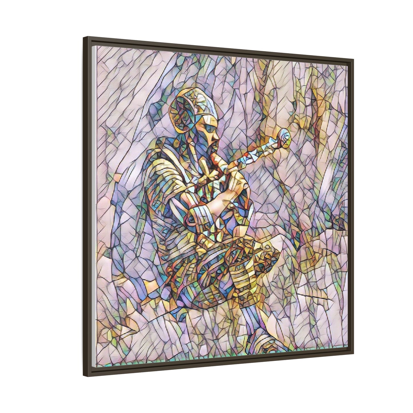 Celtic Piper Framed Matte Canvas — Stained-Glass Style Highland Bagpiper Art