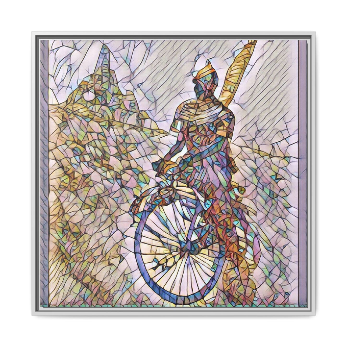 Cyclist Stained Glass Art Print — Framed Matte Canvas