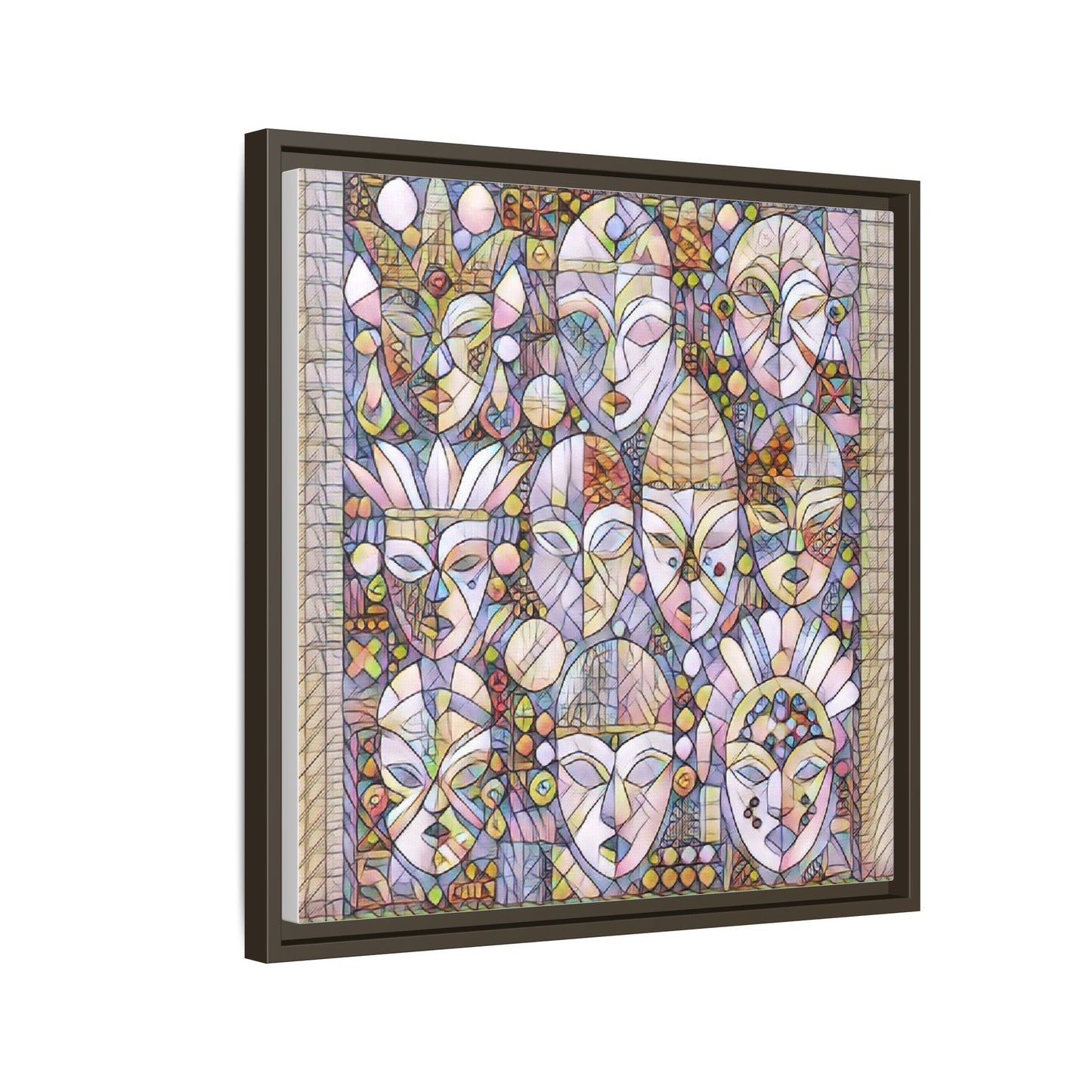 Framed Abstract Mask Art Canvas — Multicolor Stained-Glass Faces Wall Decor