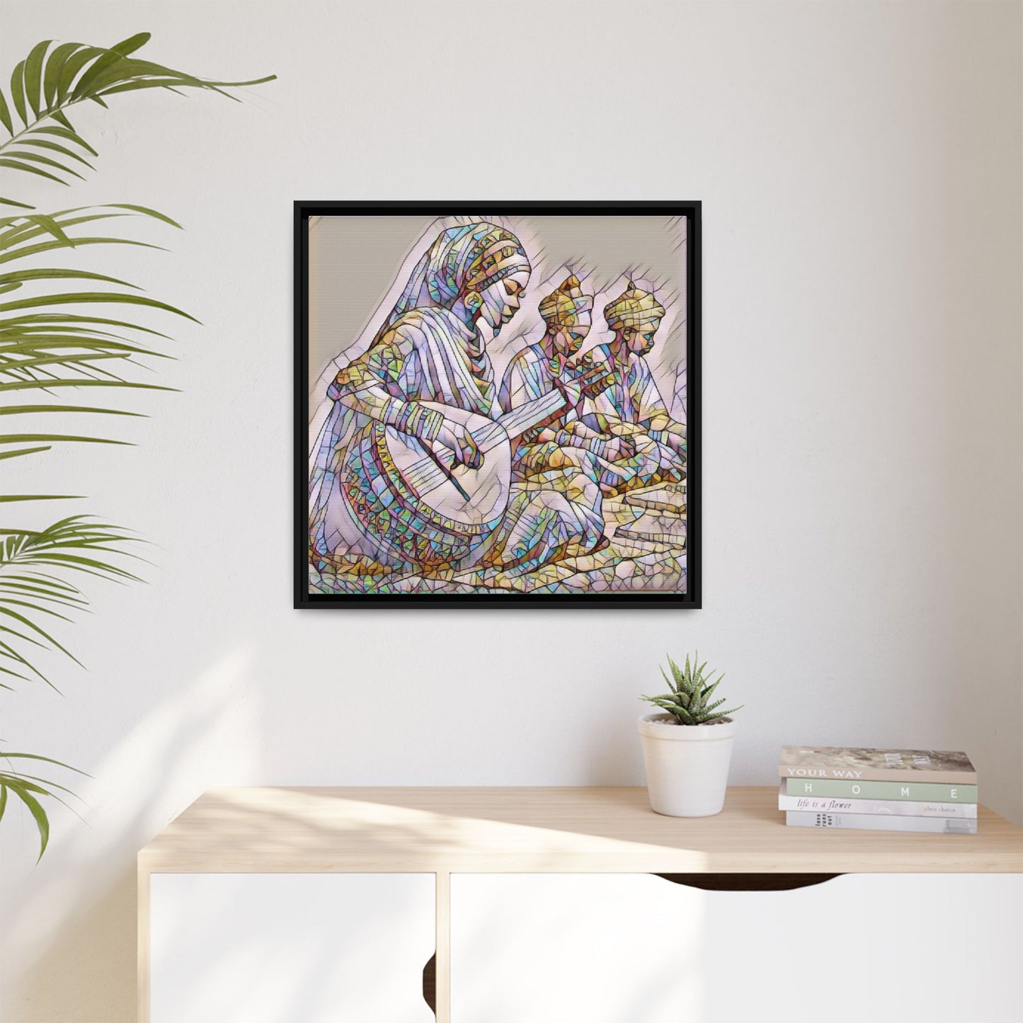 Framed Matte Canvas: Colorful Moroccan Musicians Wall Art