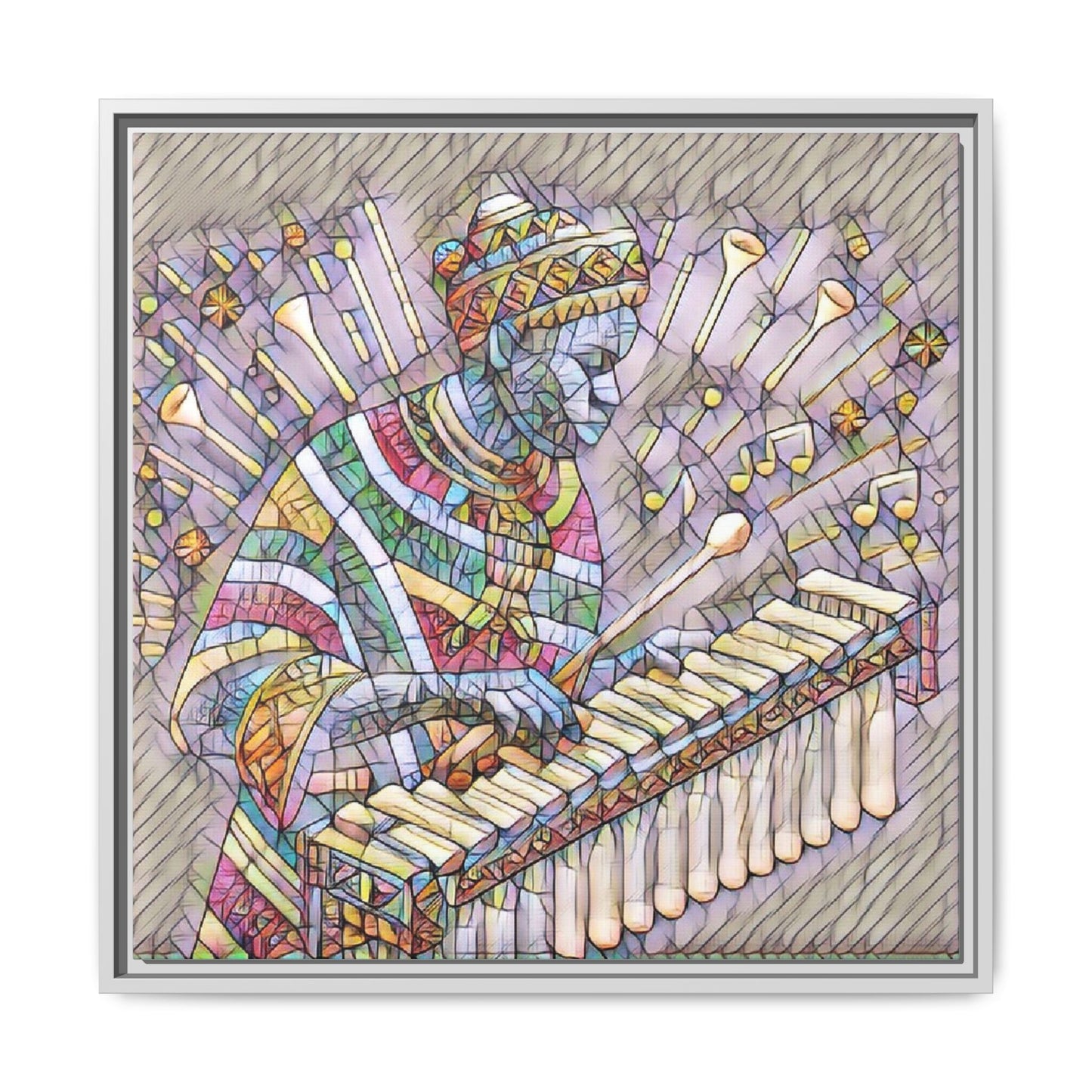 Colorful Marimba Musician Matte Framed Canvas — Vibrant African Instrument Wall Art