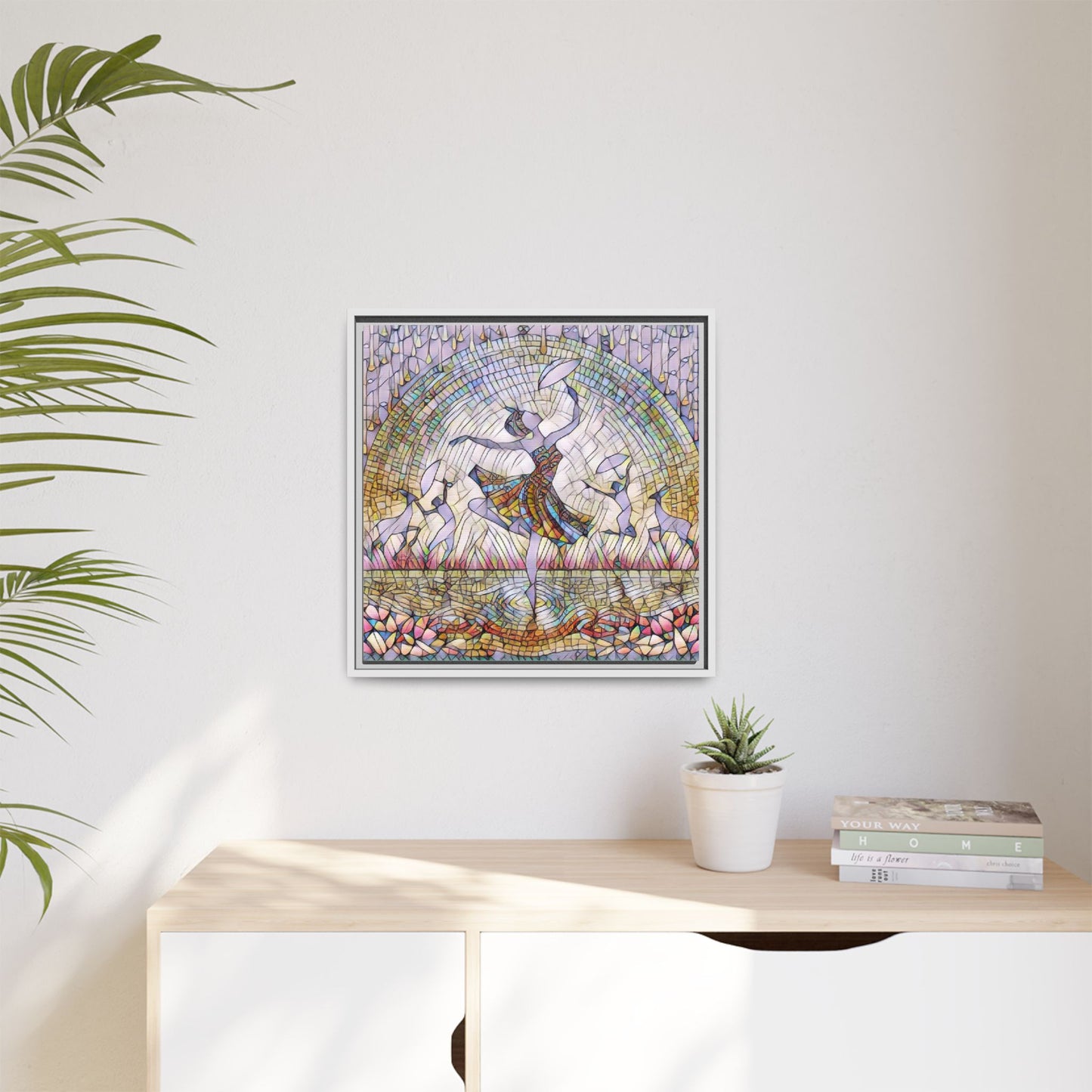 Stained Glass Ballerina Framed Canvas Art — Dancer Mosaic Wall Decor