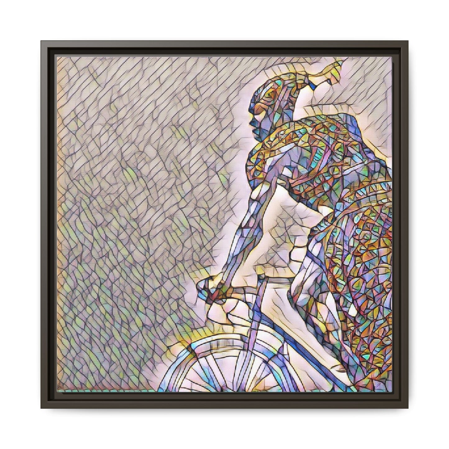 Cyclist Mosaic Matte Canvas Print — Framed Multicolor Bike Art