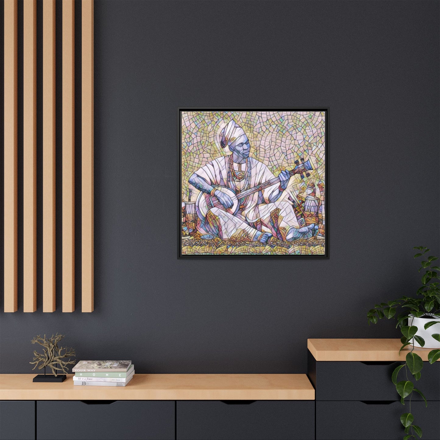 Framed Mosaic Musician Canvas Art — African Griot with Kora