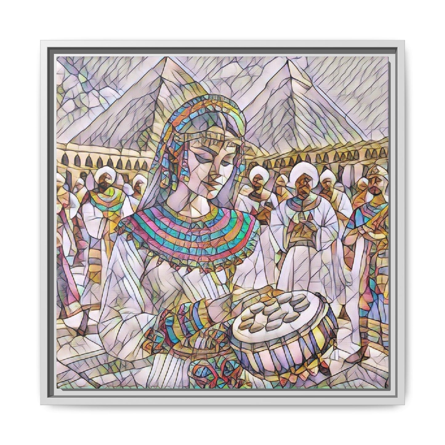 Egyptian Drum Player Framed Canvas Art — Colorful Ancient Scene Wall Decor