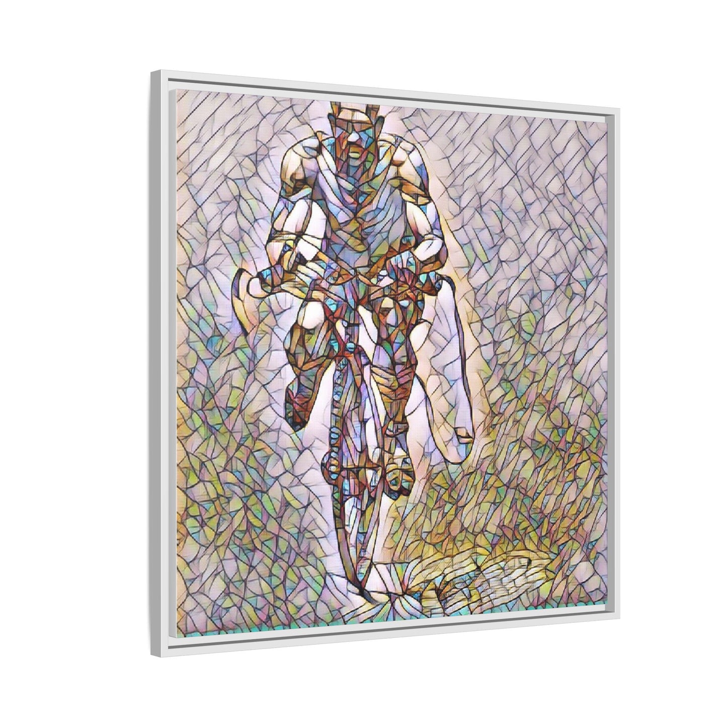 Cyclist Art Print — Framed Matte Canvas Wall Art (Multicolor Stained-Glass Style)