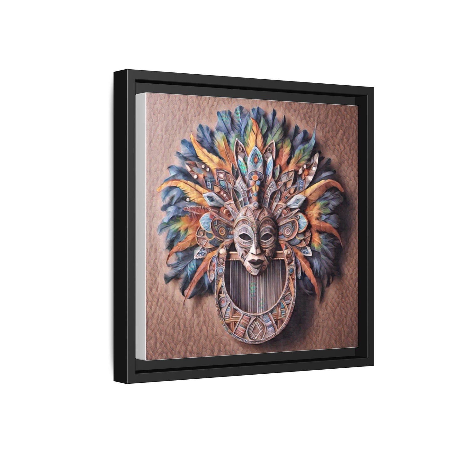 Tribal Feather Mask Framed Canvas Wall Art — Colorful Boho Decorative Print