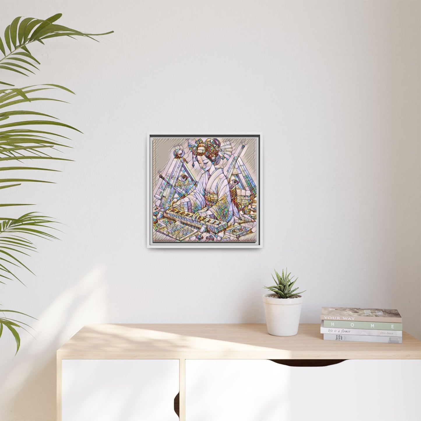 Framed Matte Canvas: Stained-Glass Geisha Wall Art