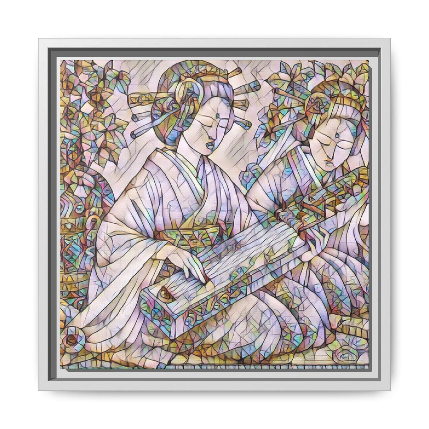 Framed Matte Canvas Print — Stained-Glass Geisha Duo