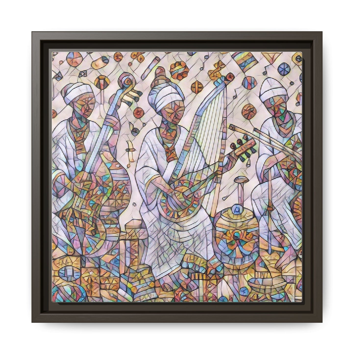 Framed Matte Canvas Print — Colorful African Musicians Stained-Glass Art