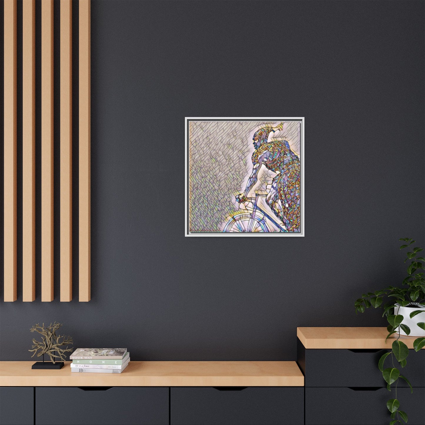 Cyclist Mosaic Matte Canvas Print — Framed Multicolor Bike Art