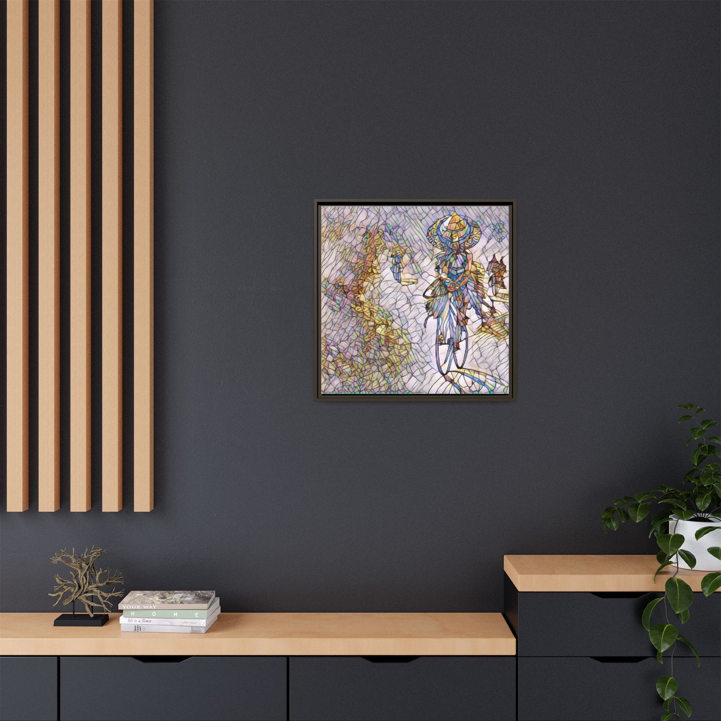 Abstract Cyclist Stained-Glass Art Print — Framed Matte Canvas