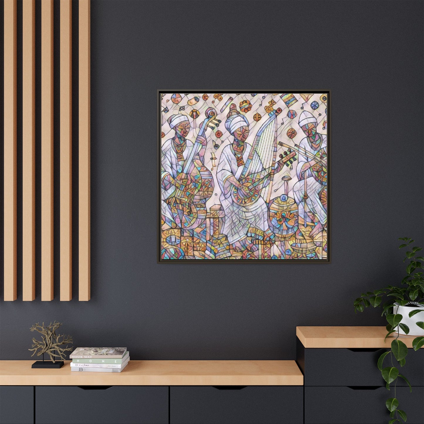 Framed Matte Canvas Print — Colorful African Musicians Stained-Glass Art