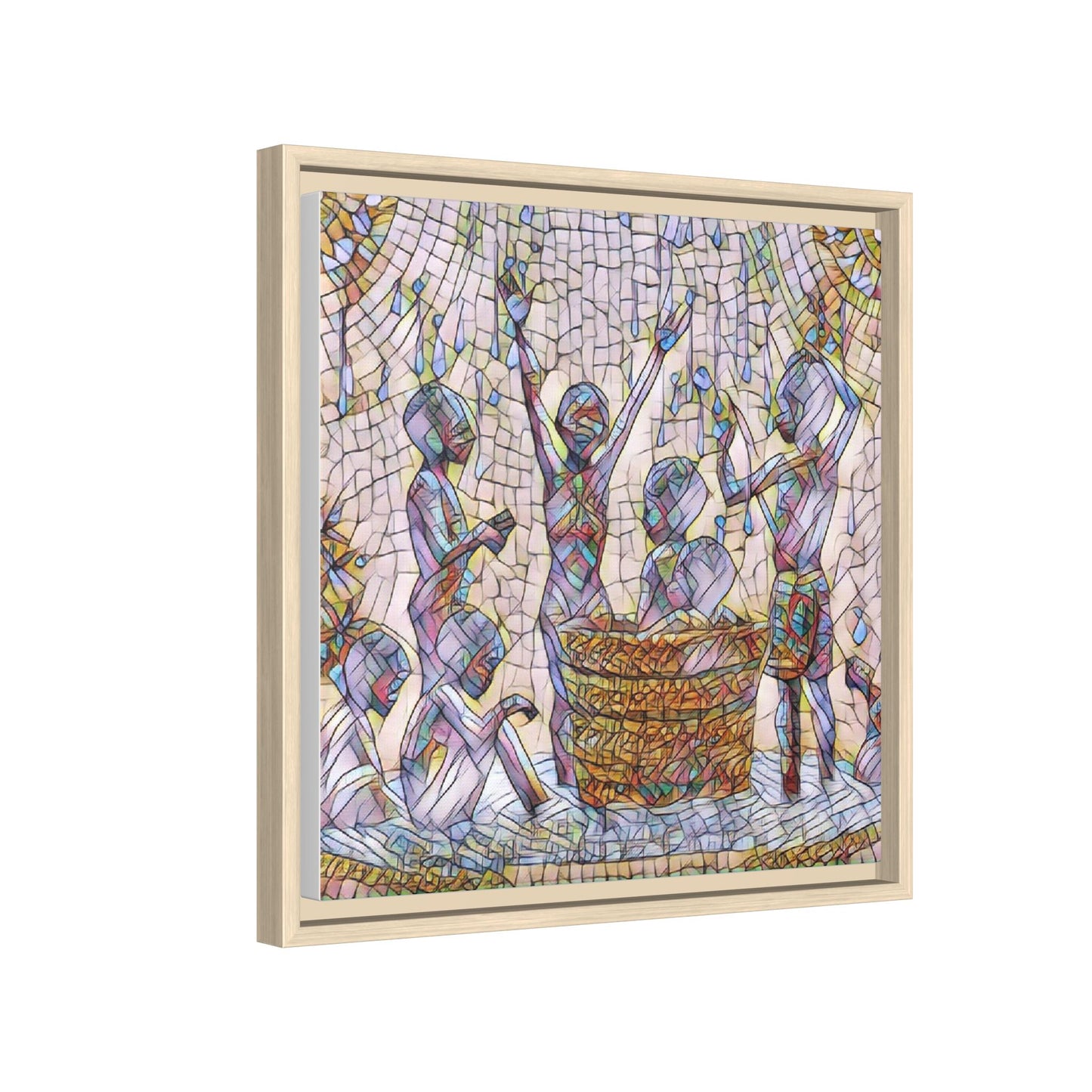 Framed Matte Canvas Art — Children Playing Mosaic Illustration