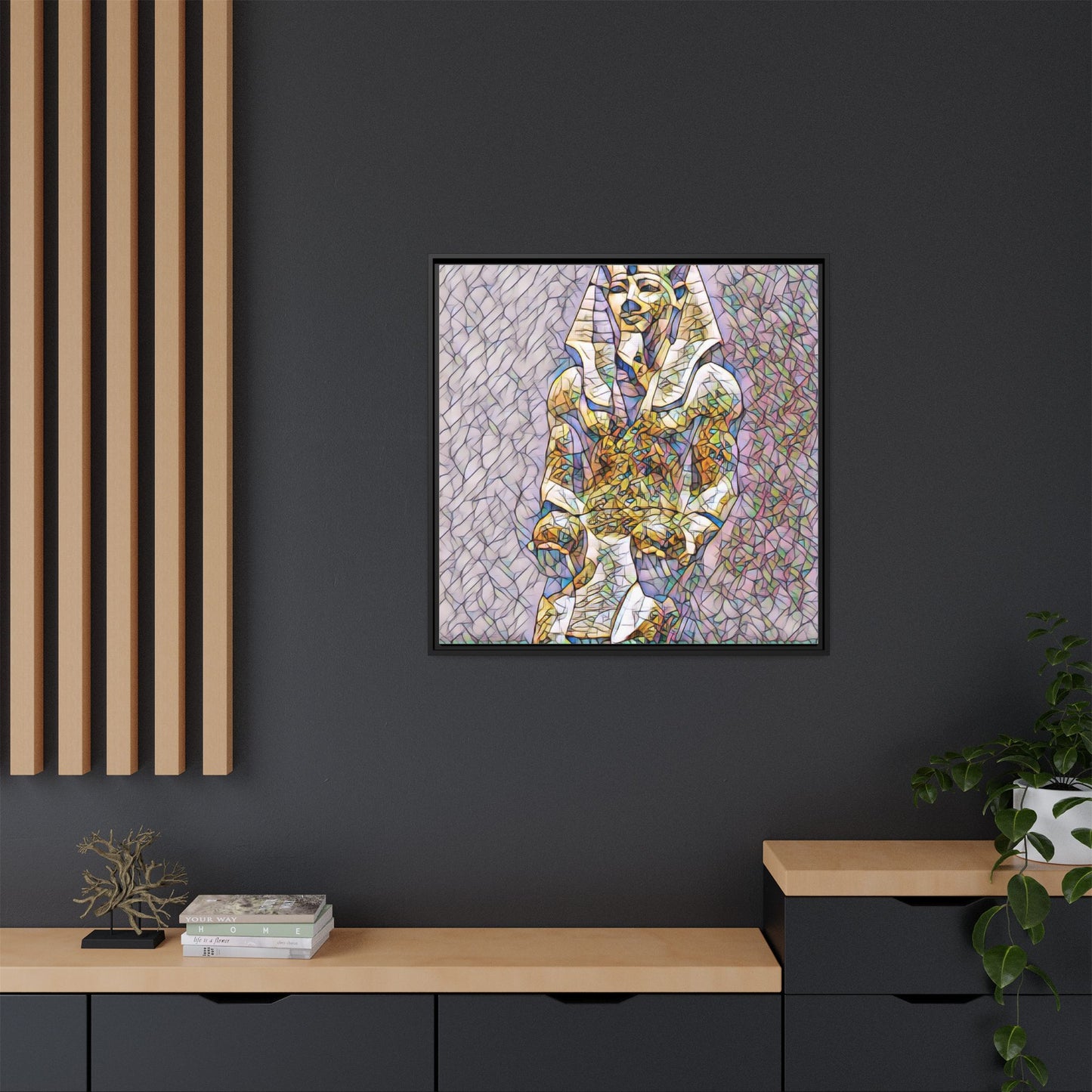 Framed Abstract Pharaoh Matte Canvas Wall Art — Multicolor Egyptian Statue Print