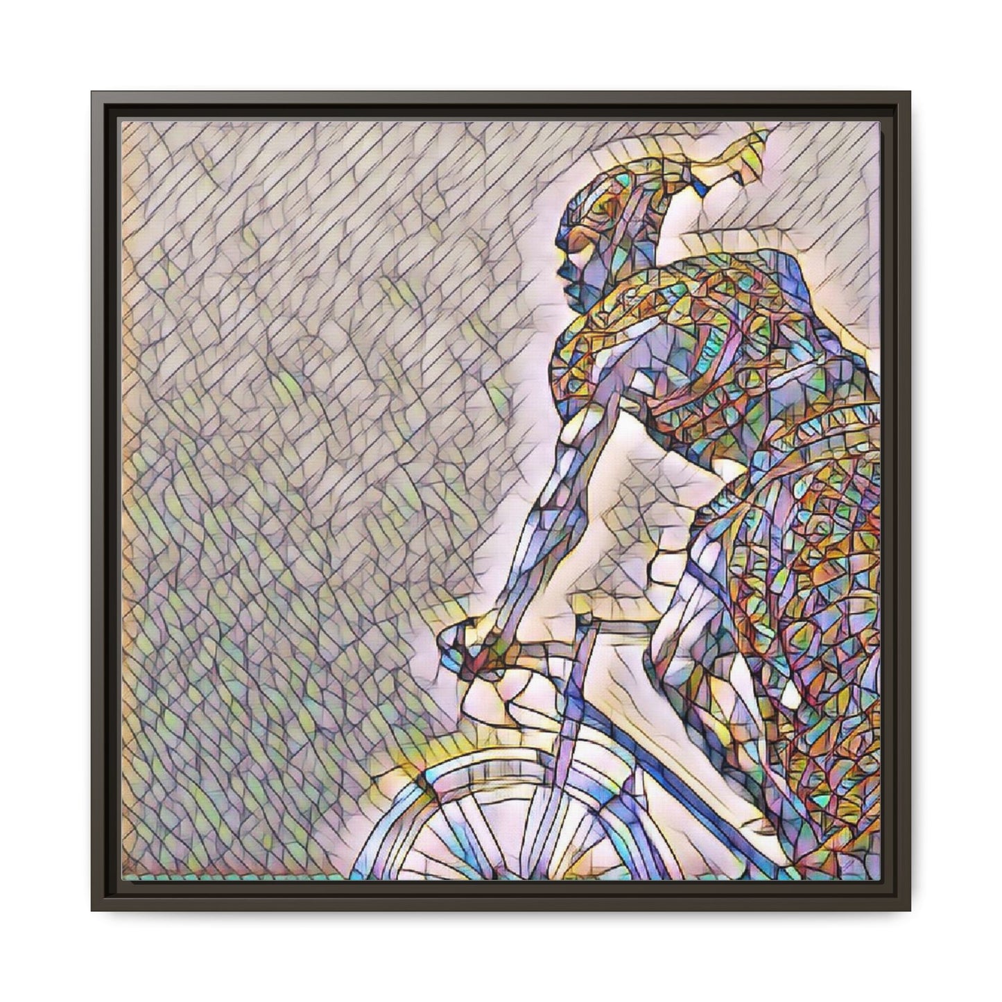 Cyclist Mosaic Matte Canvas Print — Framed Multicolor Bike Art