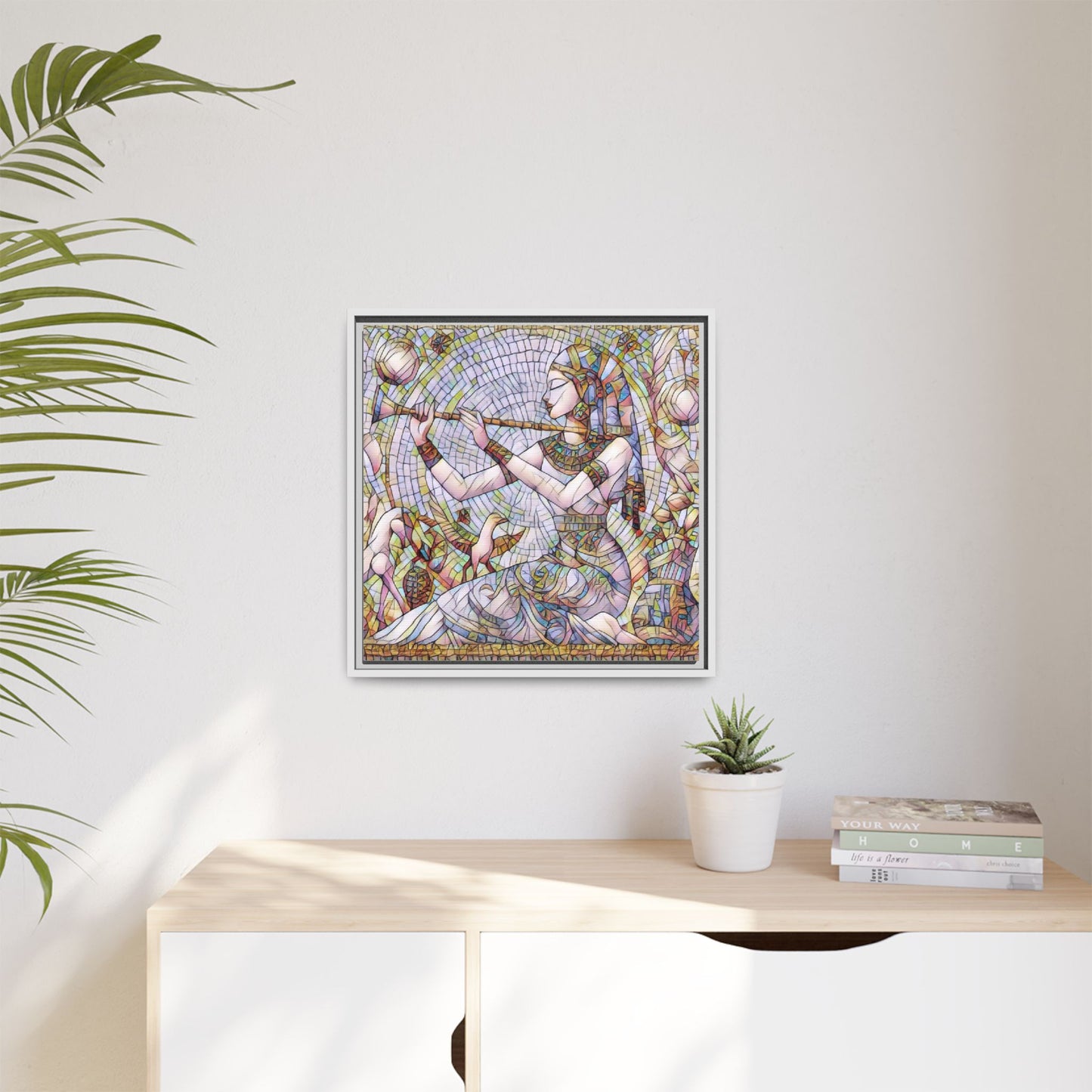 Egyptian Flute Player Framed Canvas Art — Colorful Mosaic Wall Decor