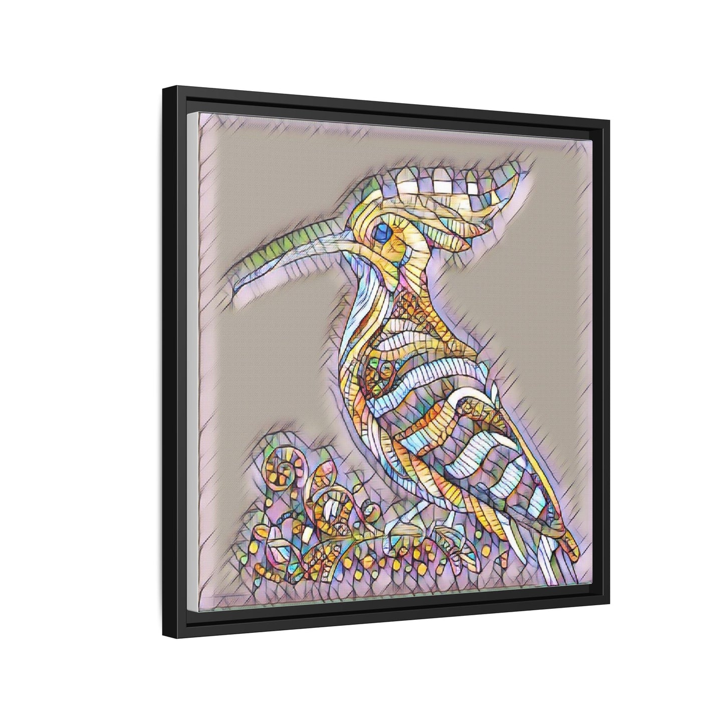 Colorful Mosaic Bird Framed Canvas Art — Whimsical Hoopoe Wall Decor
