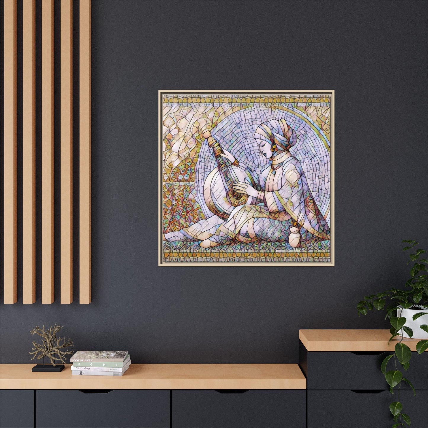 Framed Matte Canvas: Mosaic Lute Player Wall Art — Bohemian Musical Portrait