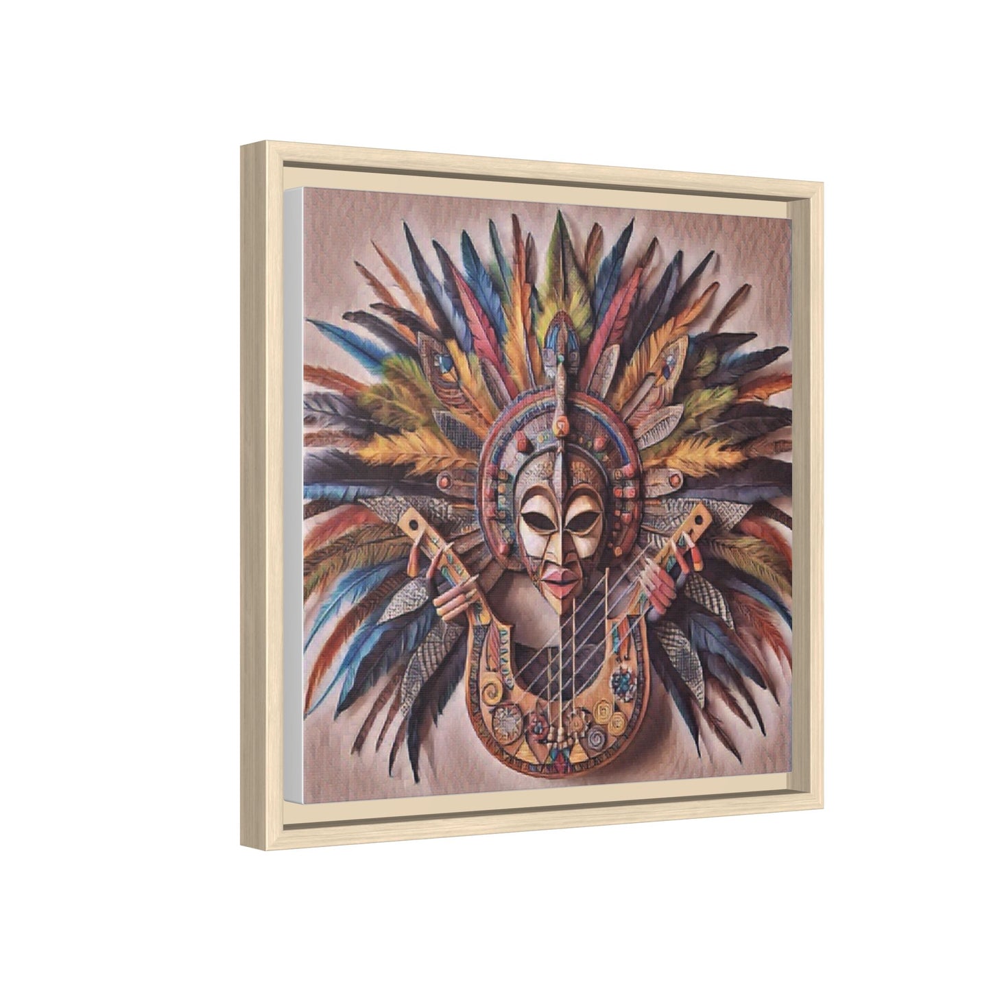 Tribal Feather Mask Guitar Framed Canvas Art — Colorful Boho Wall Decor