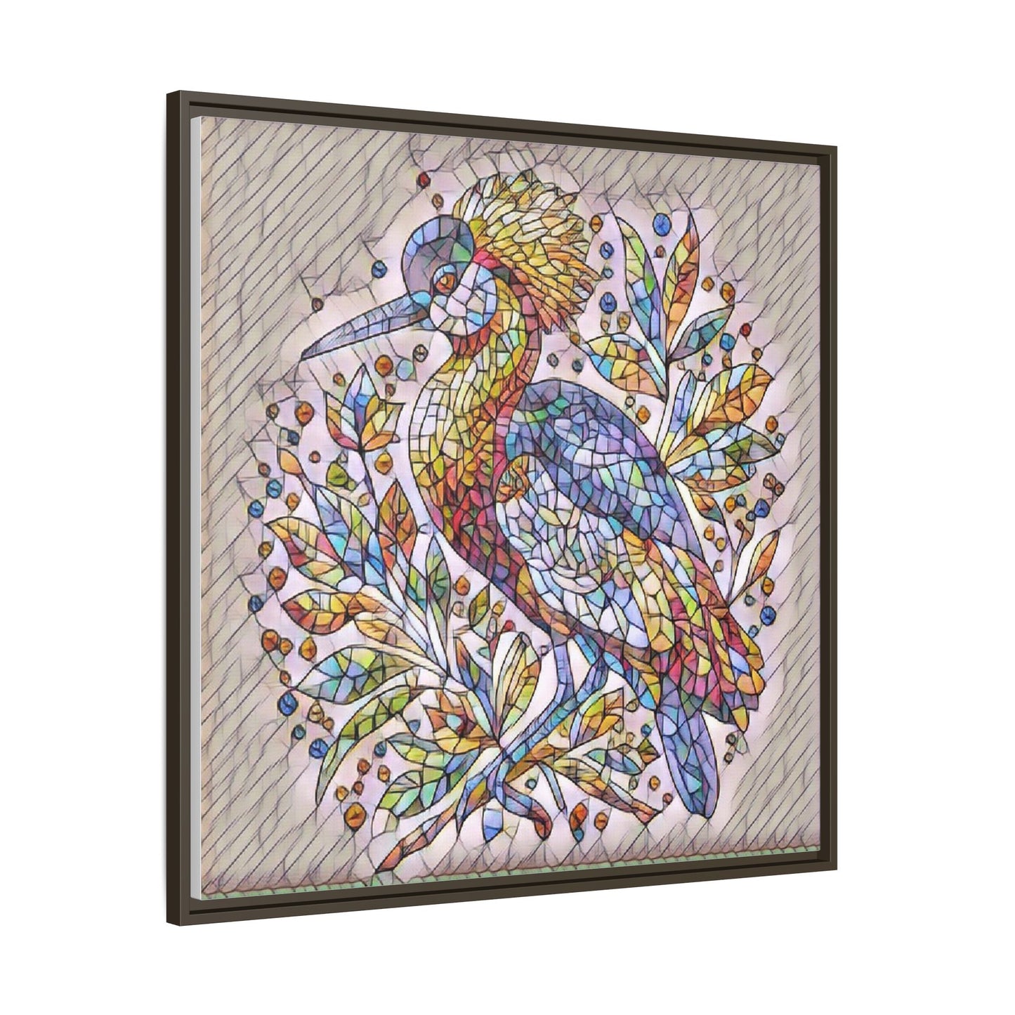 Colorful Stained-Glass Heron — Framed Matte Canvas Wall Art