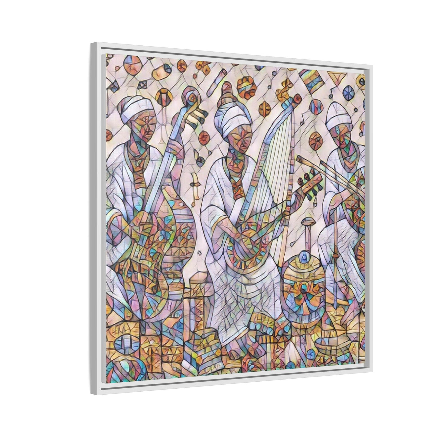 Framed Matte Canvas Print — Colorful African Musicians Stained-Glass Art
