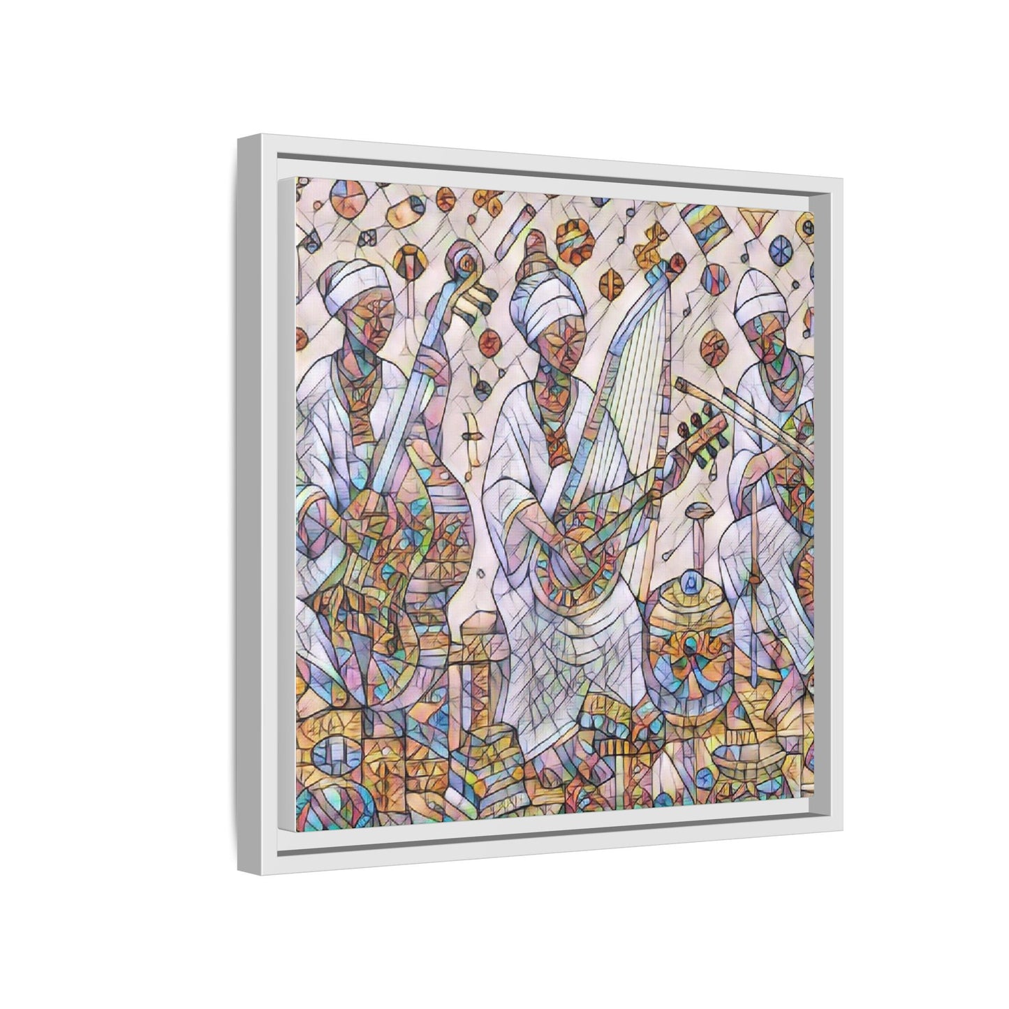 Framed Matte Canvas Print — Colorful African Musicians Stained-Glass Art