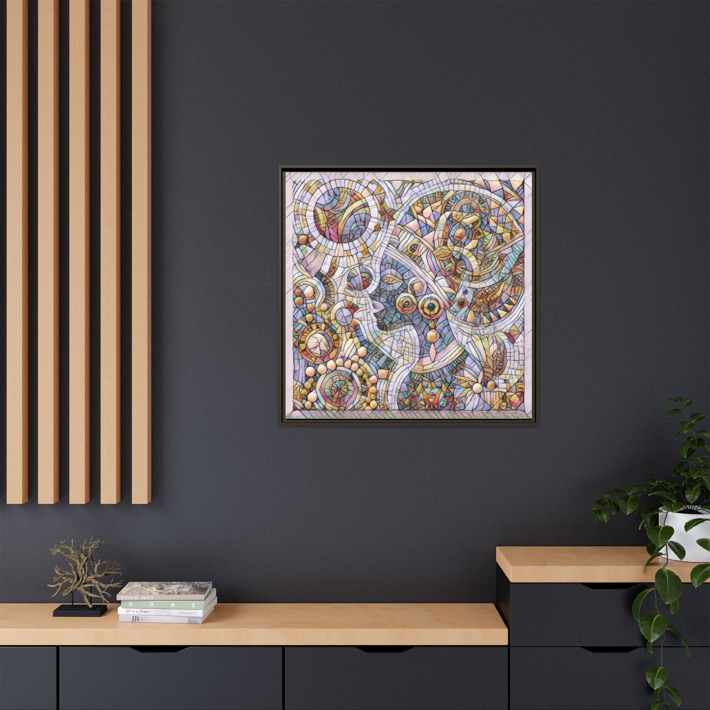 Abstract Mosaic Framed Canvas Art — Multicolor Geometric Wall Decor