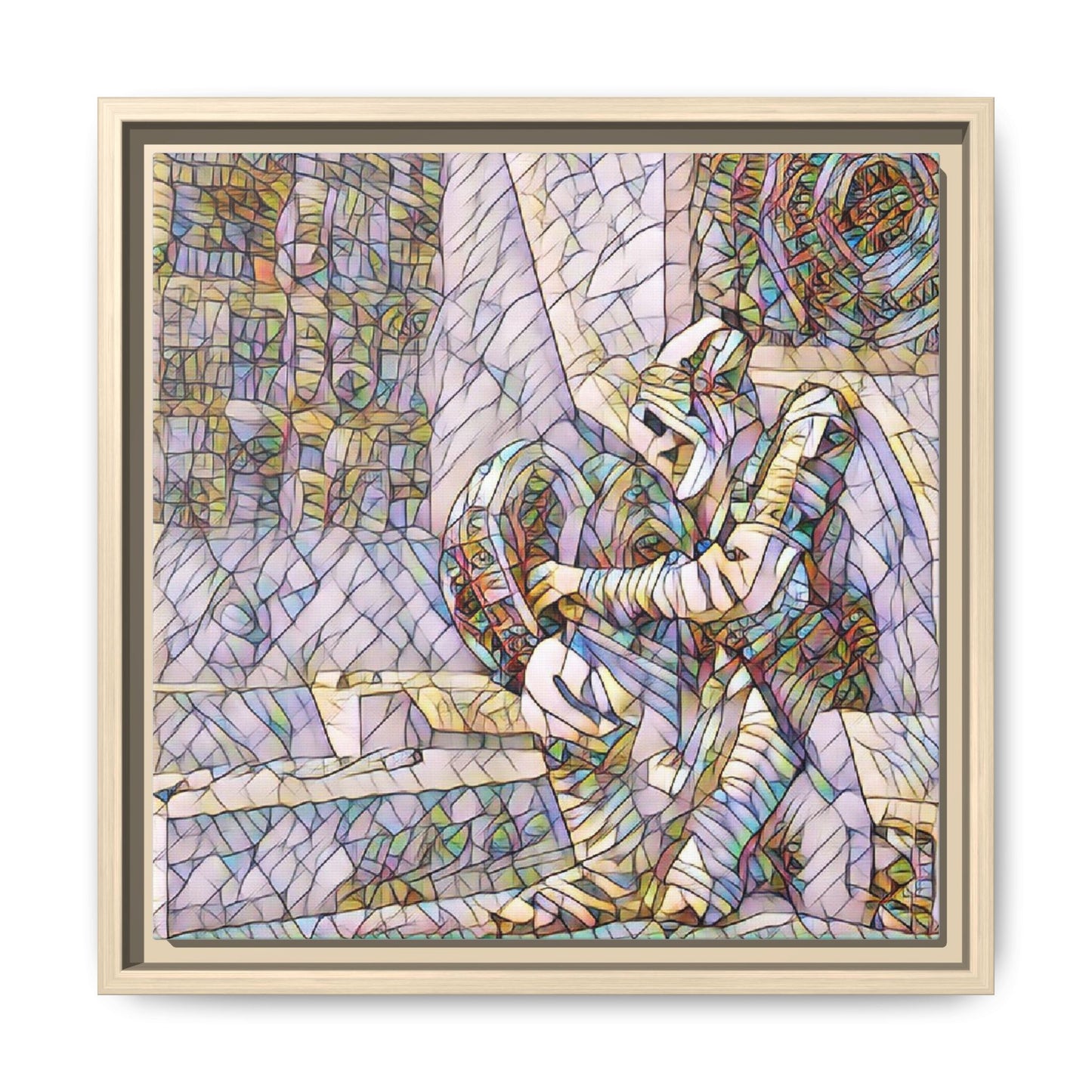 Framed Matte Canvas Art — Colorful Stained-Glass Astronaut Embrace