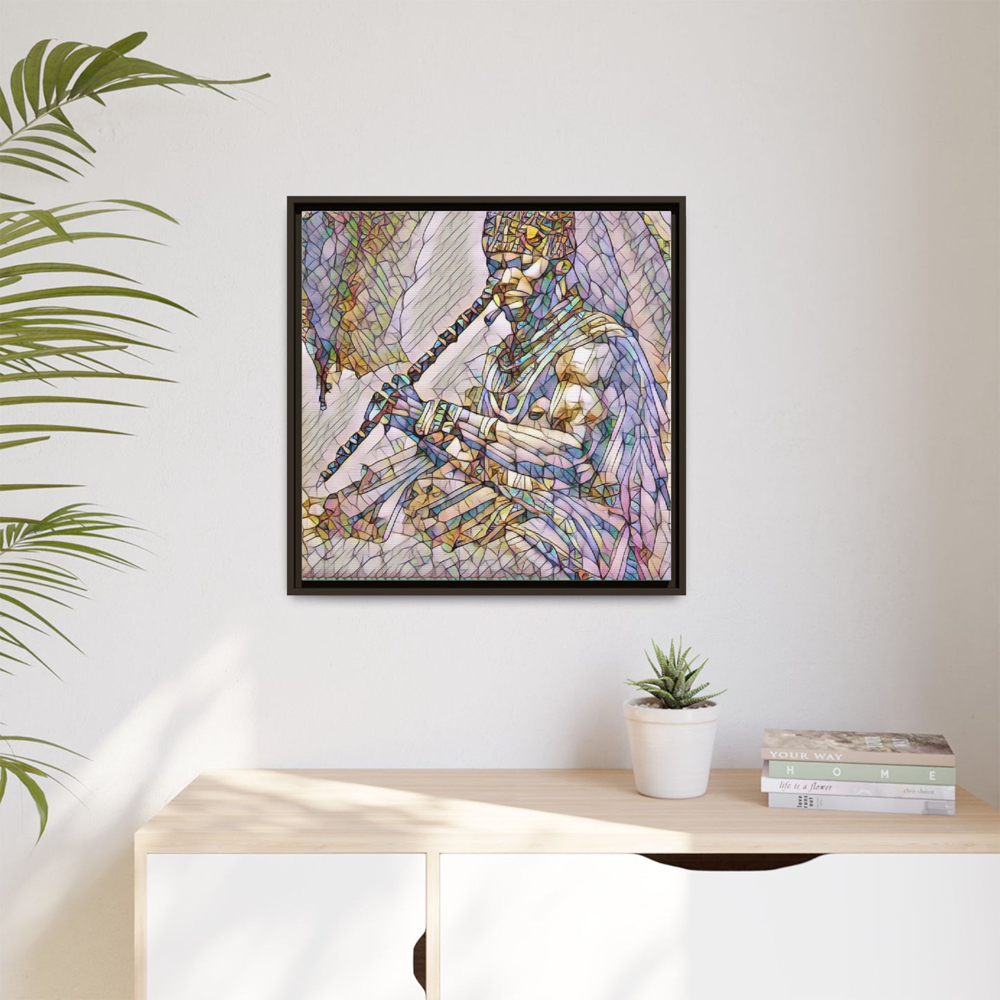 Tribal Flute Musician Stained-Glass Framed Canvas Art