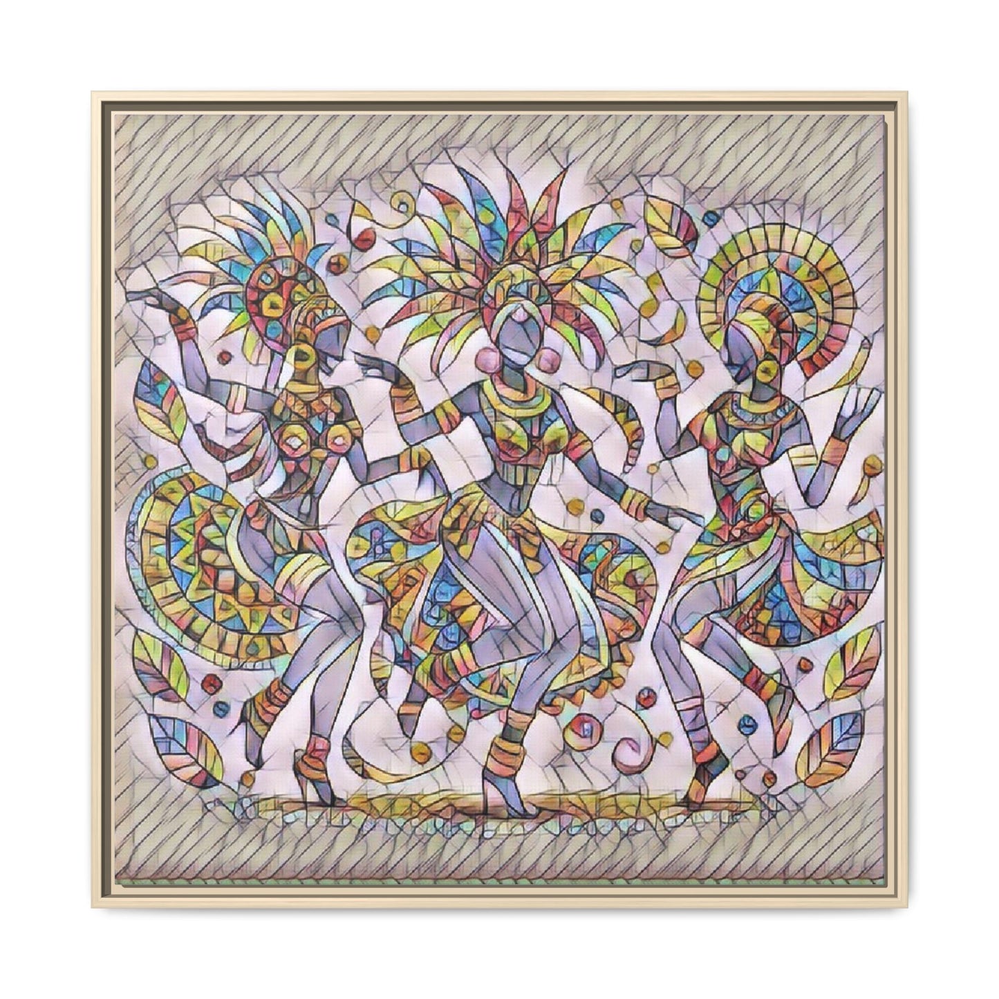 Colorful Carnival Dancers Framed Canvas Art — Multicolor Tribal Celebration Print
