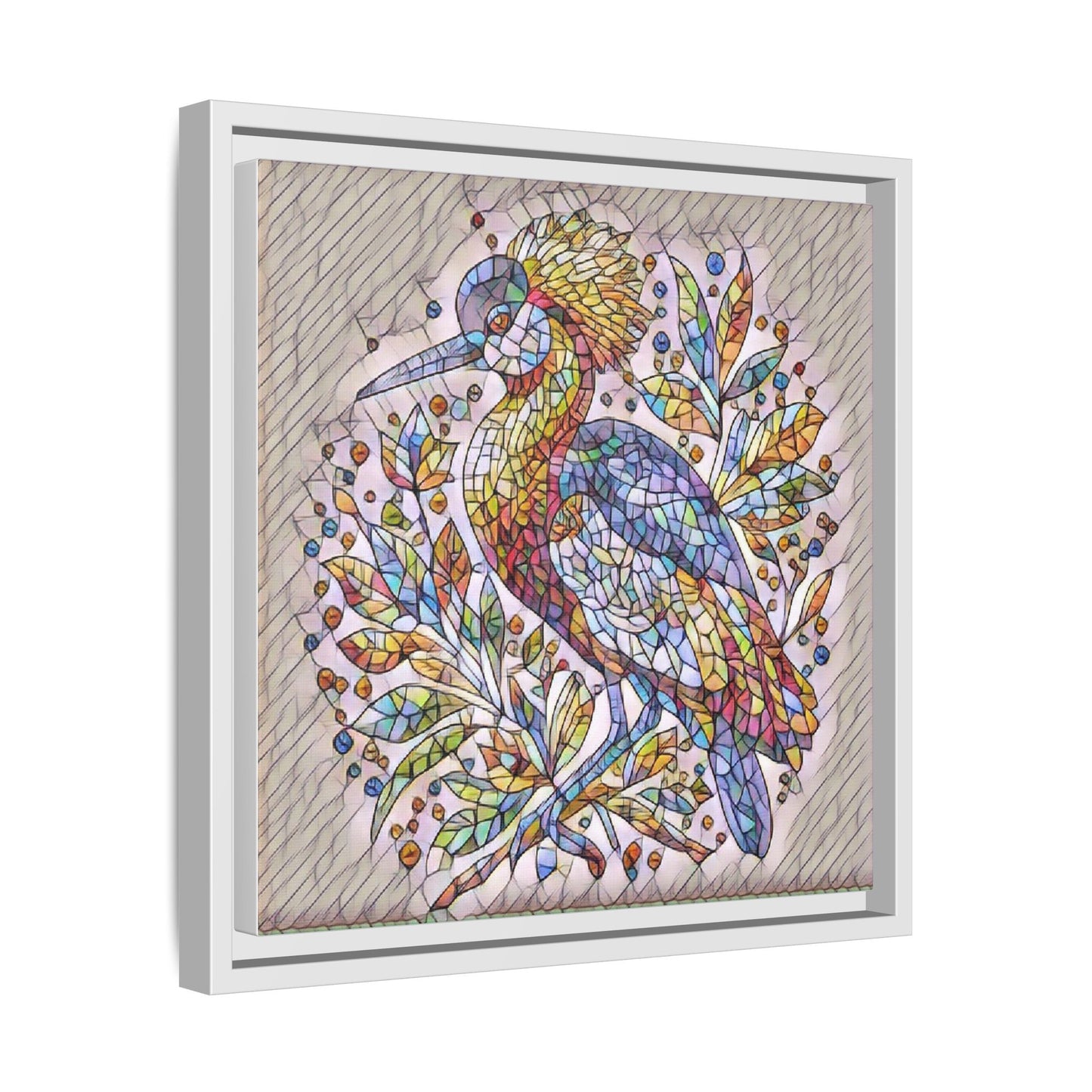 Colorful Stained-Glass Heron — Framed Matte Canvas Wall Art