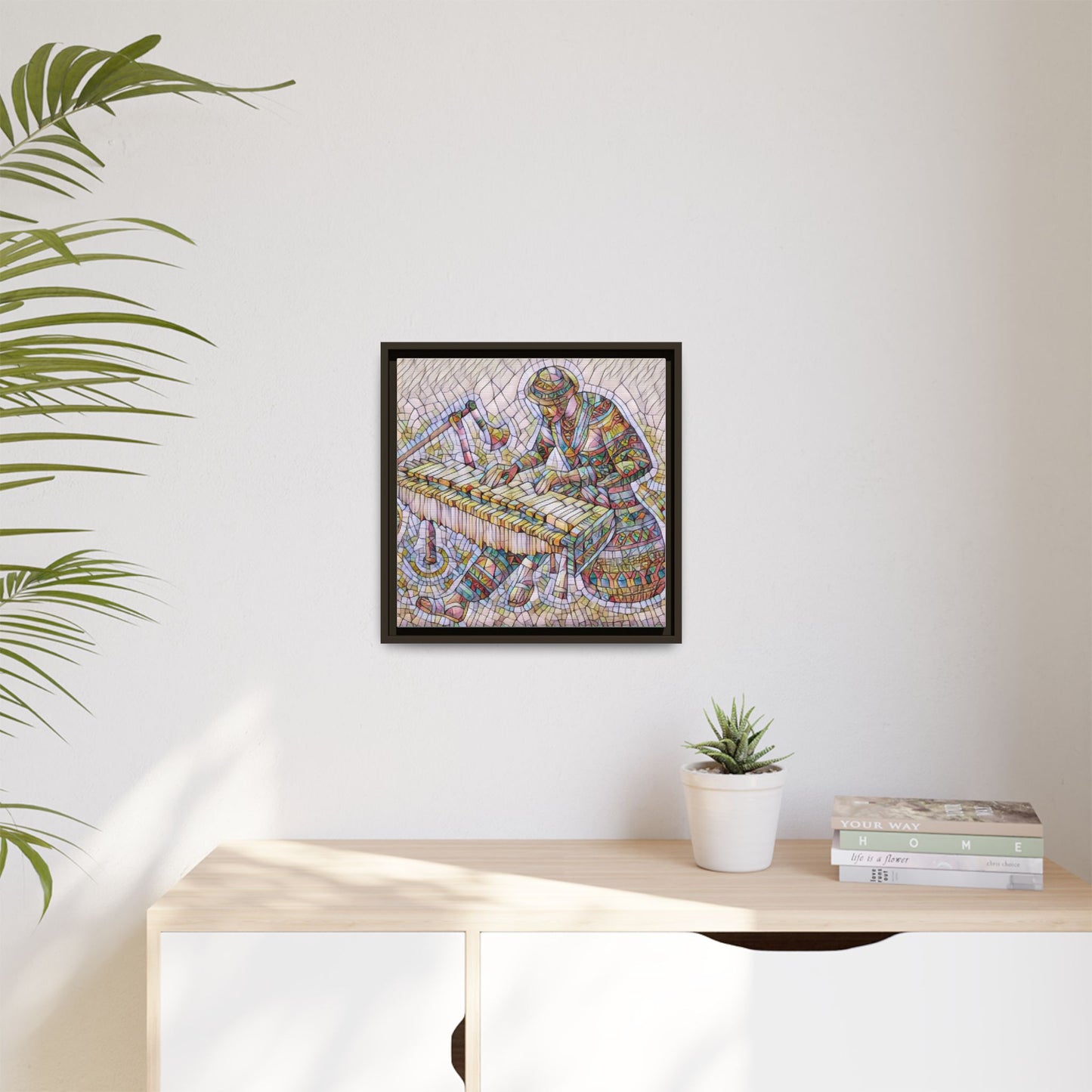 Framed Canvas Art - Colorful Mosaic Vibraphone Musician Print