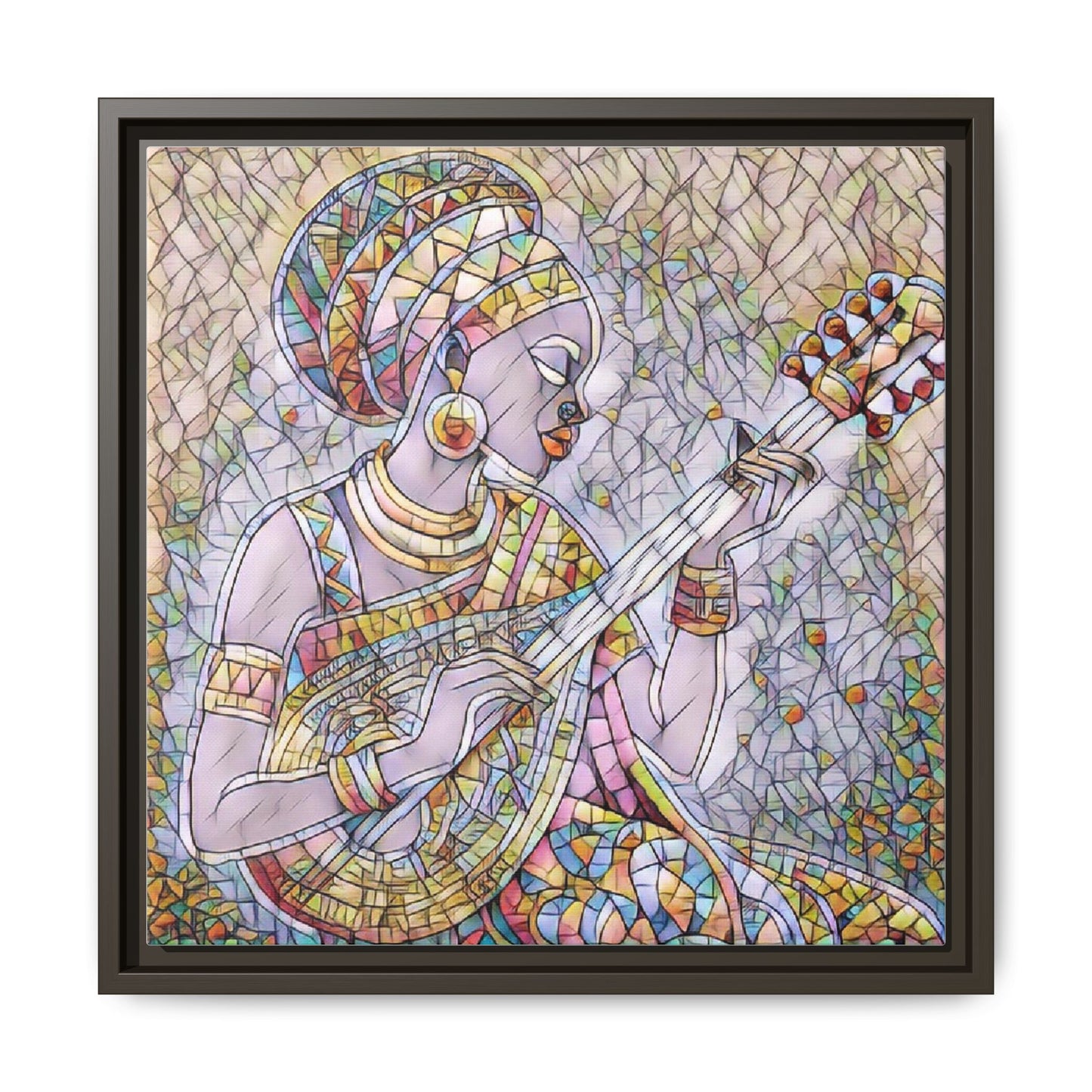 Framed Canvas Art — Colorful African Woman Playing Lute (Matte Multi‑Color)