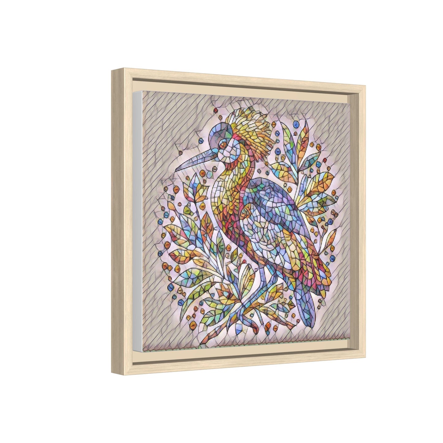 Colorful Stained-Glass Heron — Framed Matte Canvas Wall Art