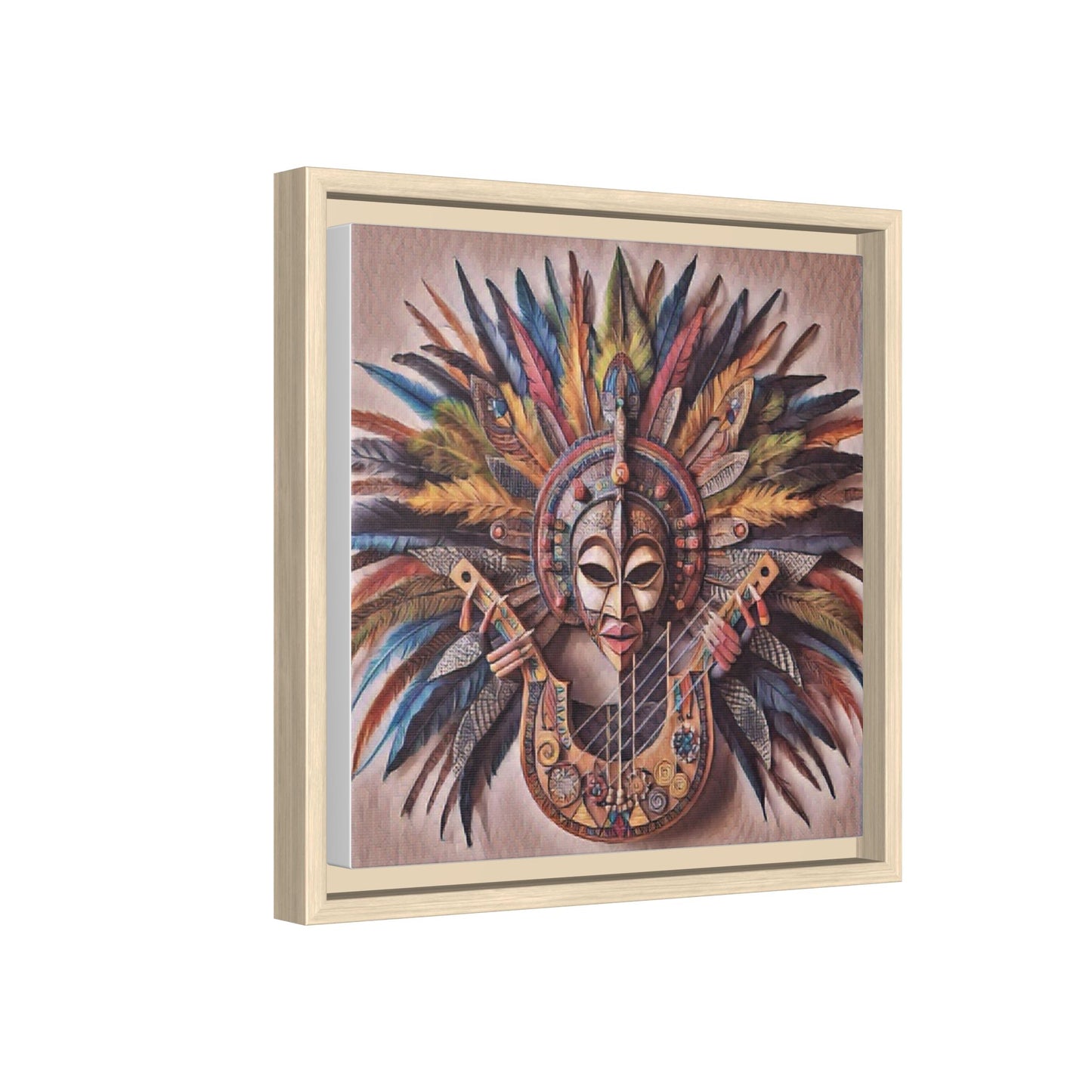Tribal Feather Mask Guitar Framed Canvas Art — Colorful Boho Wall Decor